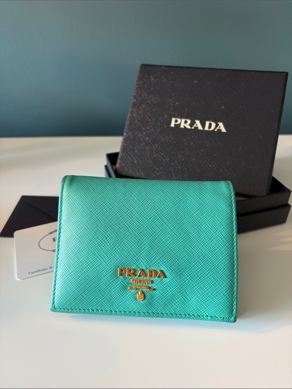 Prada Turquoise Saffiano Leather Card Holder with Gold Logo